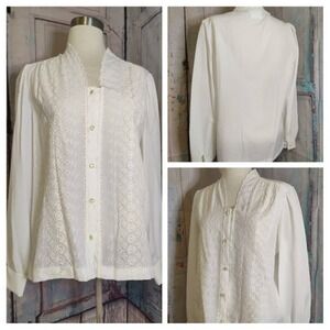 Vintage Lee Mar Pageant Cream Lace Eyelet Blouse Victorian Style Top Size 12